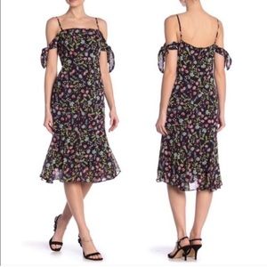 Nanette Lapore Black Floral Midi Dress Paradise Dreaming Sz 8 Cold Shoulder Ties